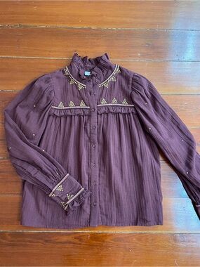 NWT A Loves A Woven Boho Peasant Embroidered Studded Ruffle Neck Top Sz XS 💛🎀
